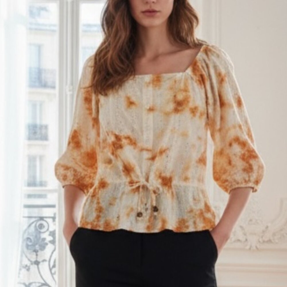 Broadway 38 Orange Tie Dye Tie Waist Peasant Top Large